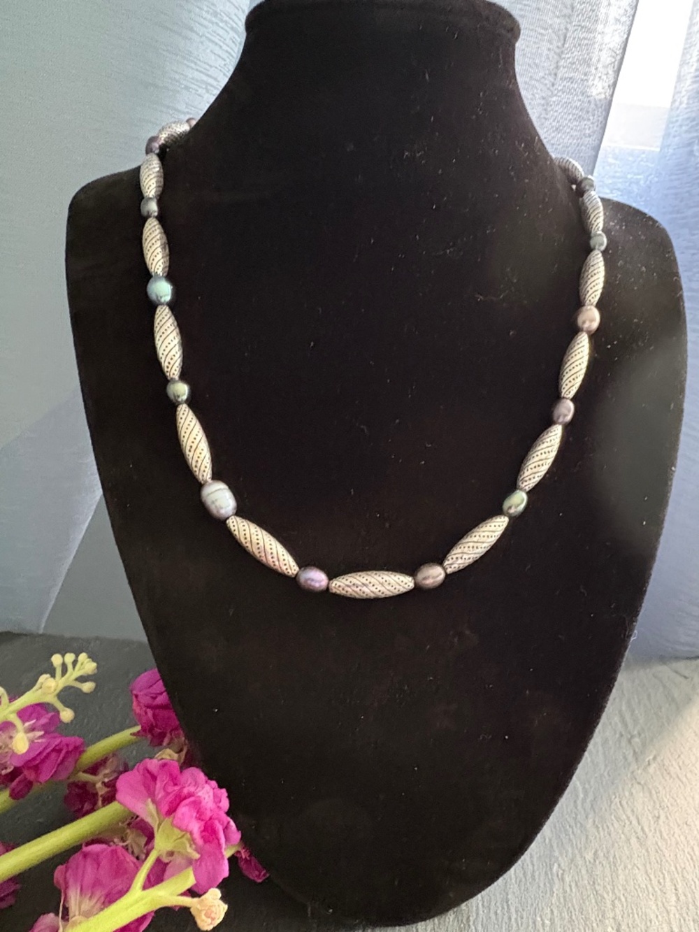 Brighton Dream Grey Pearl Beaded 15" Necklace with Textured Silver Scroll
